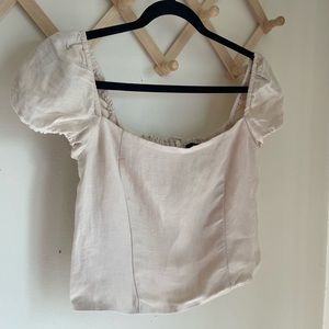 J Crew | Square Neck Linen blend puff cap sleeve crop top ruched back | size S